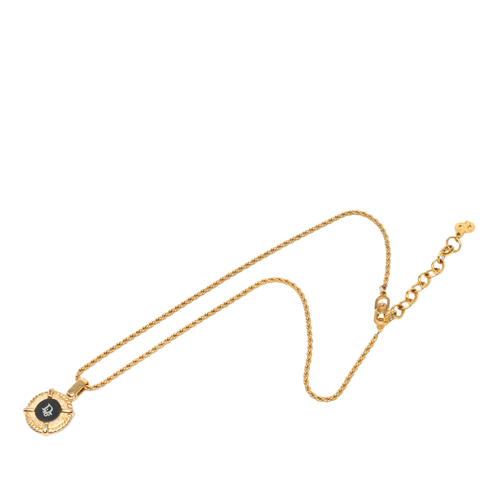 Pre-Loved Dior Gold Plated Enamel Logo Round Pendant Necklace